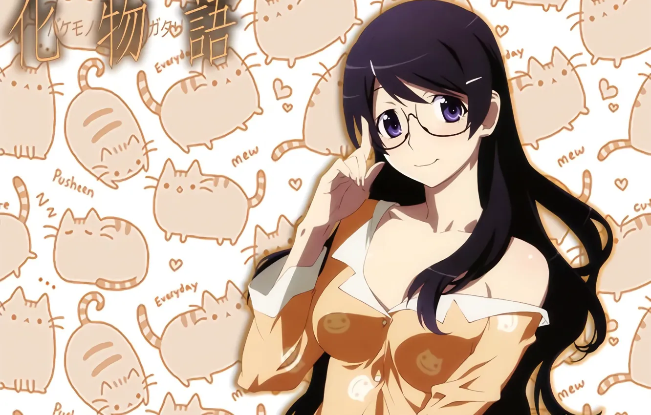 Photo wallpaper girl, cat, anime, art, bakemonogatari