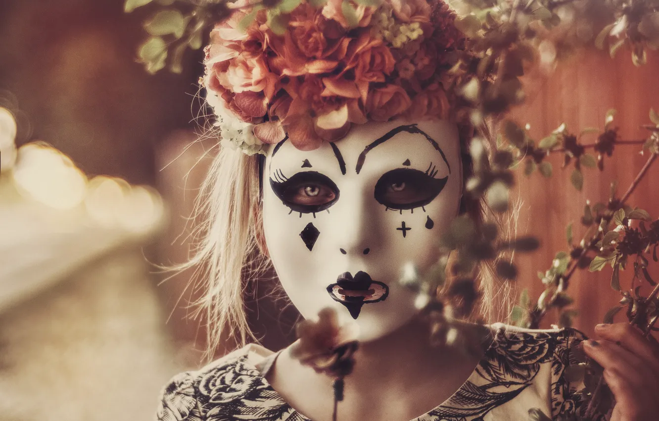 Photo wallpaper girl, mood, mask, wreath