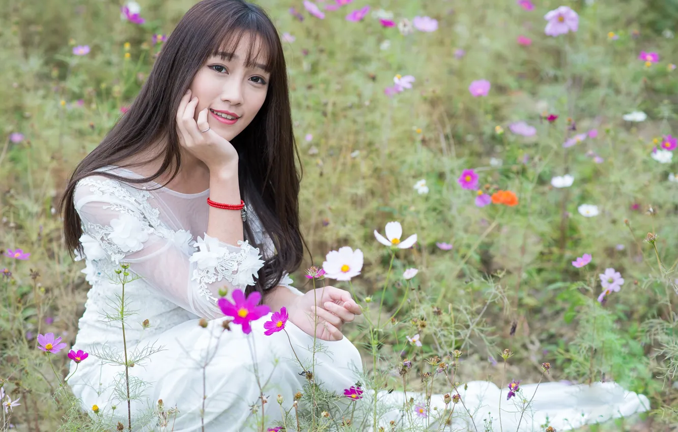 Photo wallpaper girl, pose, hair, meadow, Asian, flowers, cutie