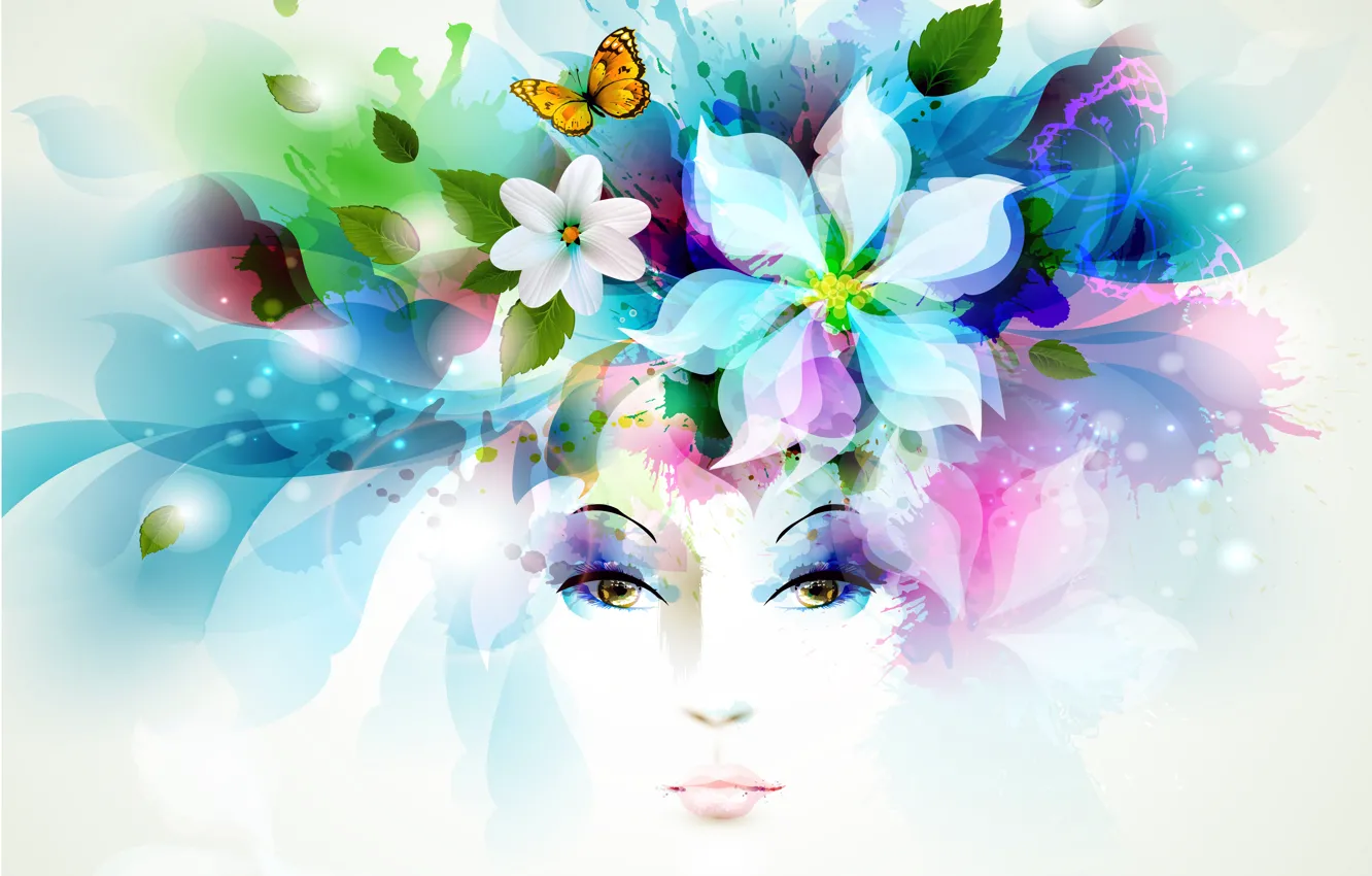 Photo wallpaper look, leaves, girl, flowers, squirt, butterfly, petals