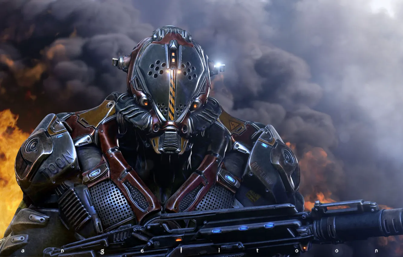 Photo wallpaper weapons, smoke, robot, armor, cyborg