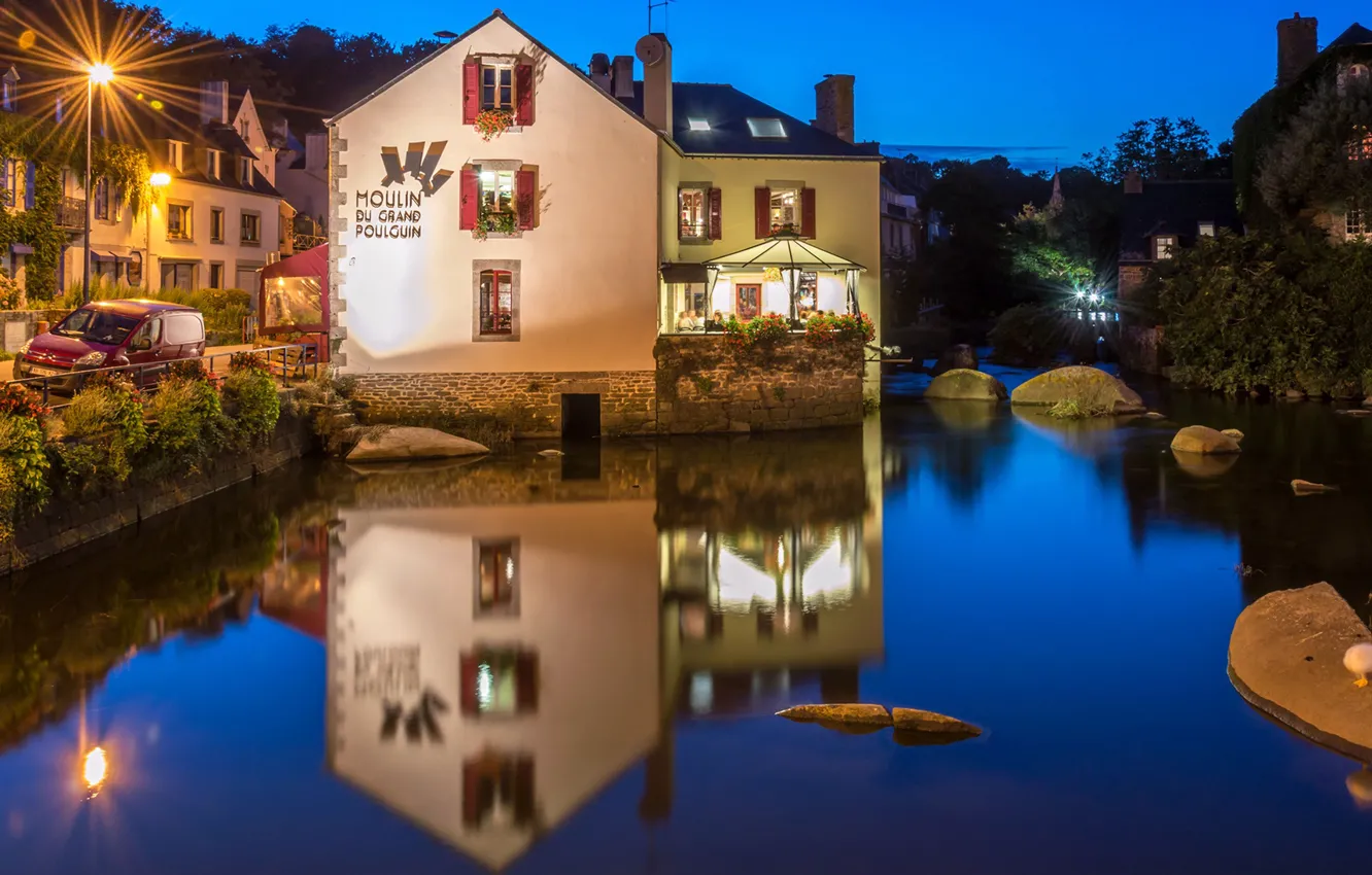 Photo wallpaper water, trees, flowers, the city, lights, reflection, stones, France