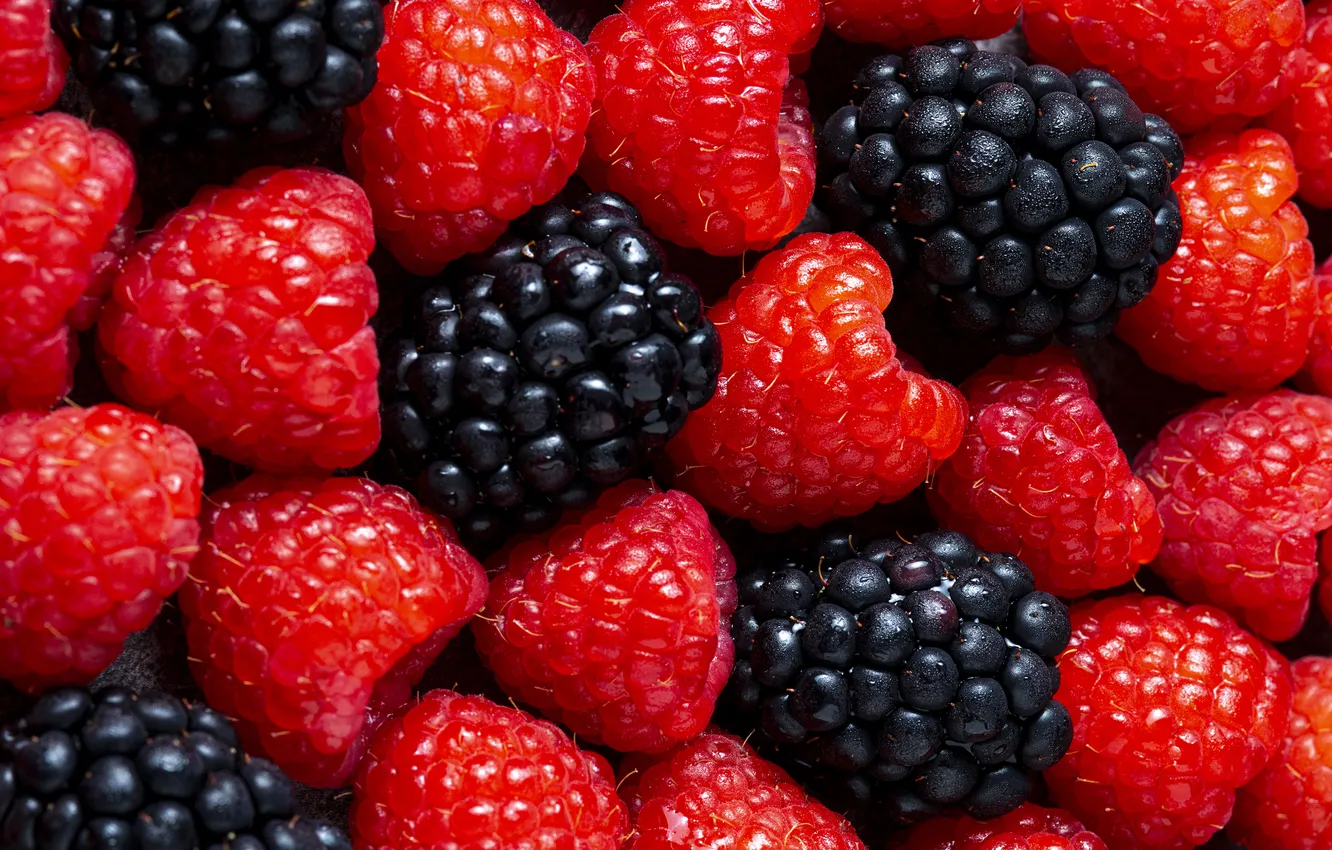 Photo wallpaper drops, macro, berries, raspberry, different, a lot, BlackBerry, juicy