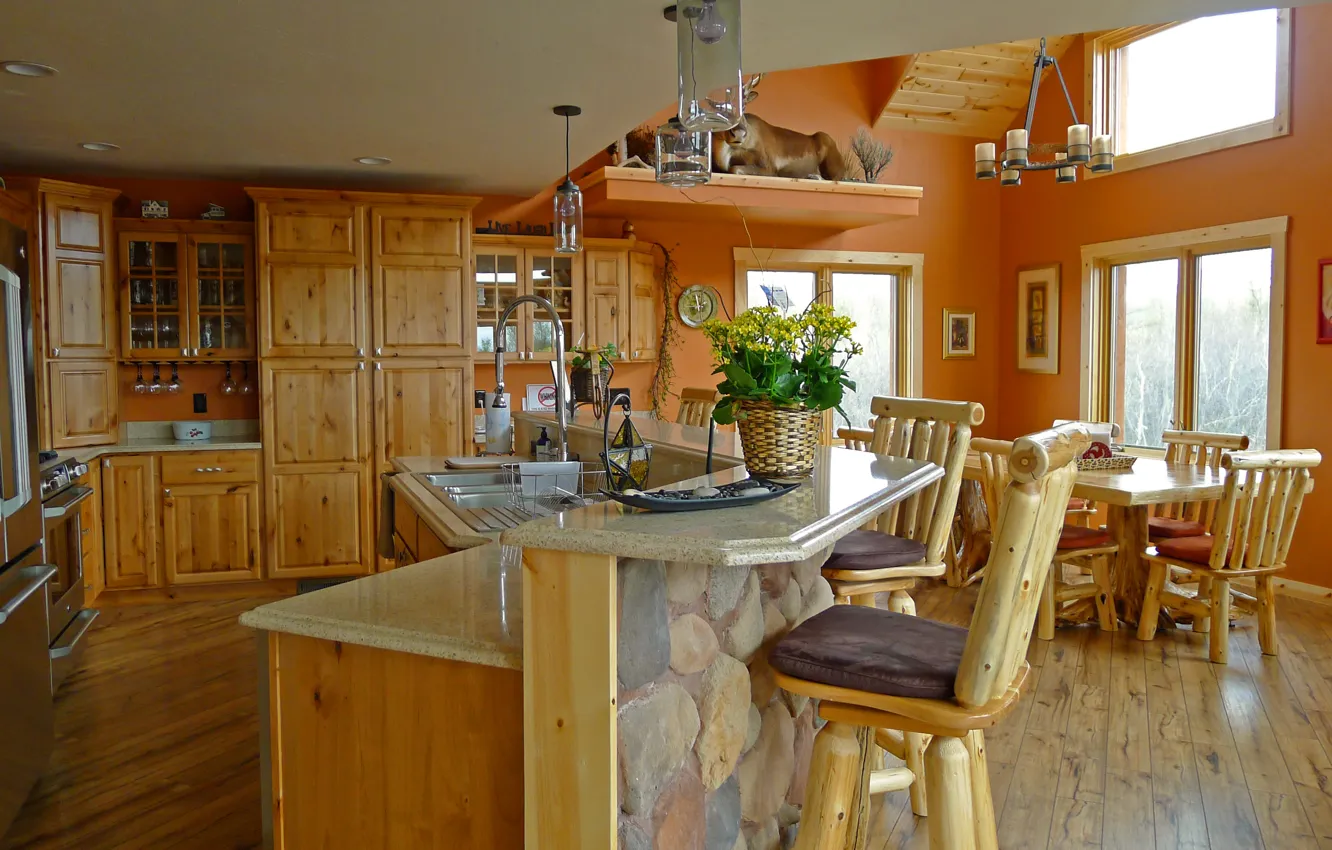 Photo wallpaper design, style, wooden, interior, kitchen, dining room