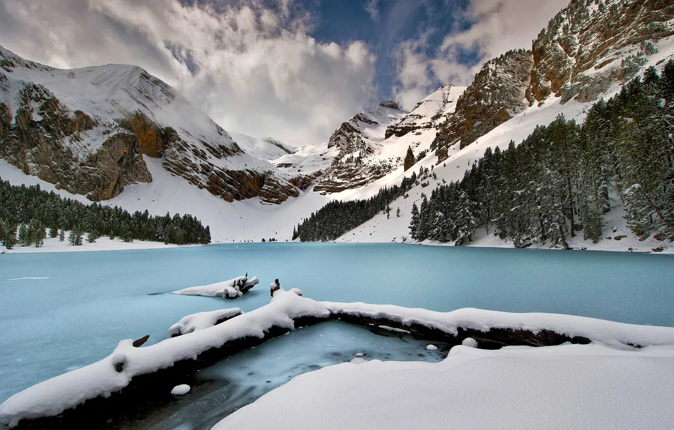 Photo wallpaper snow, mountains, lake, Spain, Huesca, Basa de la Mora, Ibon de Plan
