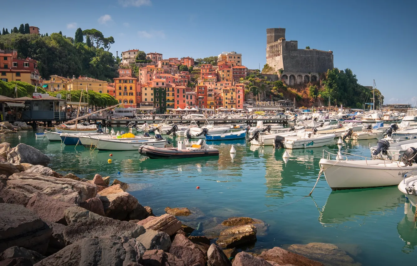 Photo wallpaper sea, landscape, stones, shore, boat, home, Italy, Liguria