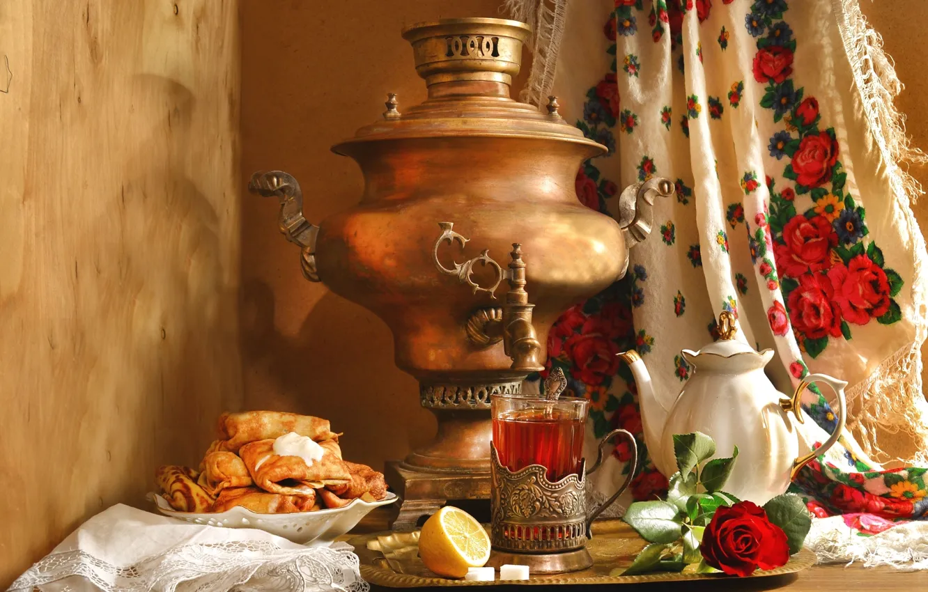 Photo wallpaper lemon, tea, rose, kettle, still life, samovar, pancakes, shawl