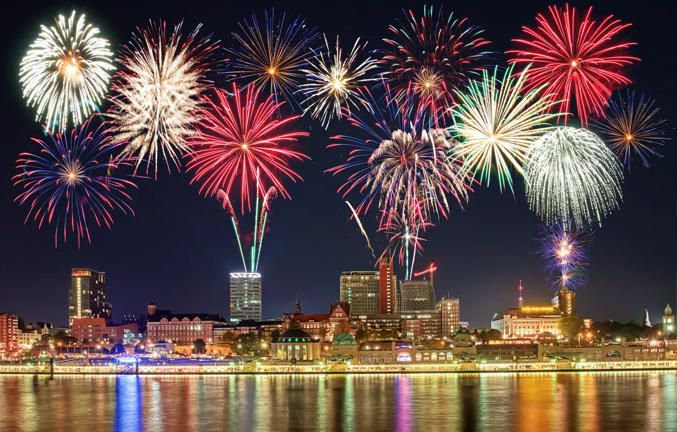 Photo wallpaper city, lights, lights, city, building, new year, new year, fireworks
