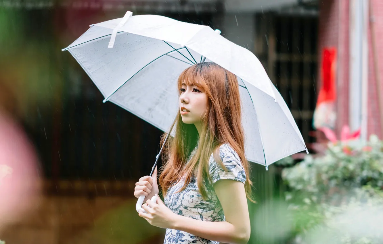 Photo wallpaper girl, drops, squirt, rain, portrait, umbrella, makeup, dress