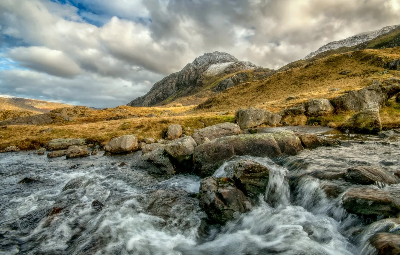 Photo wallpaper clouds, mountains, river, stones, stream, Wales, Snowdonia