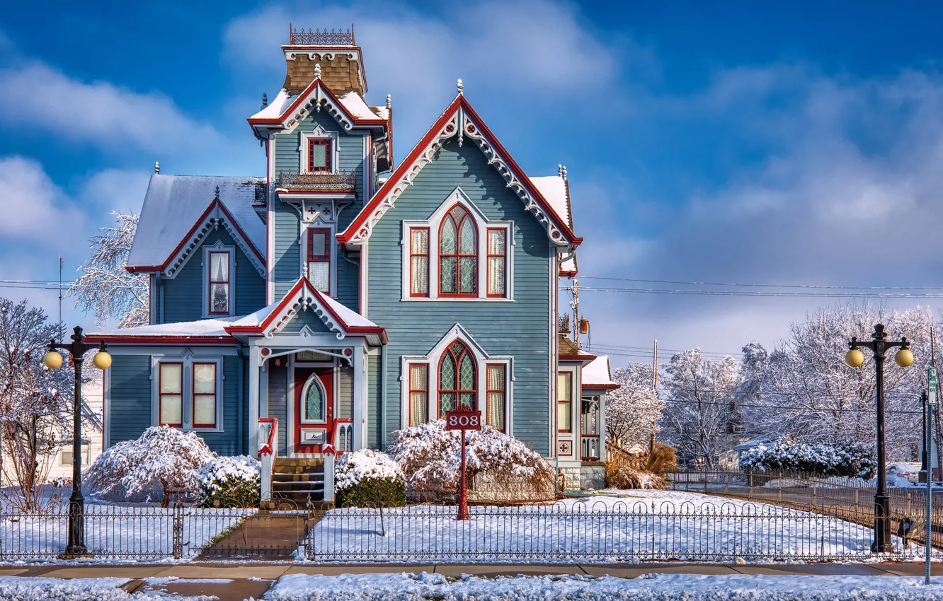 Photo wallpaper winter, the sky, the sun, clouds, snow, trees, design, street
