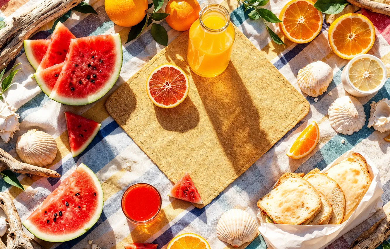 Photo wallpaper beach, summer, the sun, stay, summer, fruit, sunshine, picnic