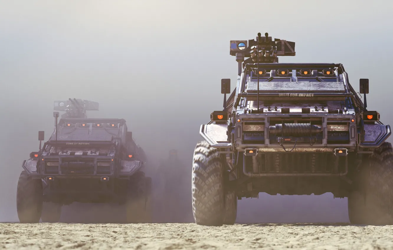 Photo wallpaper machine, auto, rendering, transport, dust, SUV, war machine, Concept Art