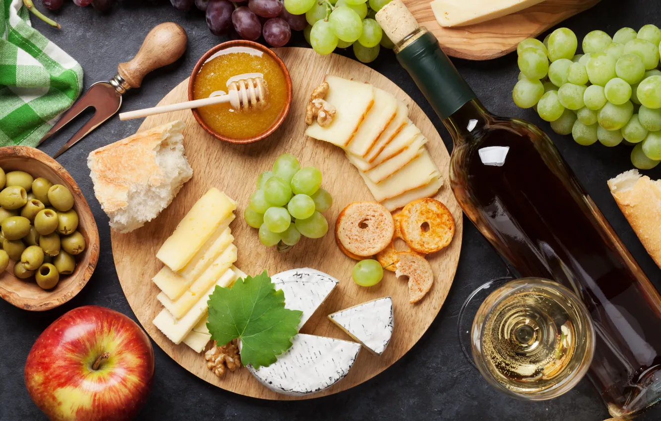Photo wallpaper Board, cheese, grapes, honey, wine, apples