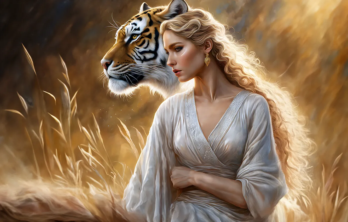 Photo wallpaper look, girl, light, nature, tiger, pose, earrings, makeup