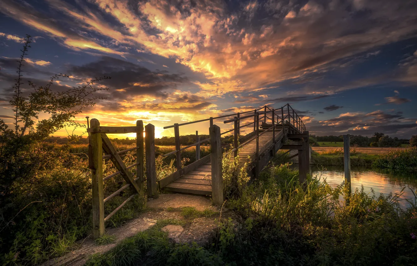 Photo wallpaper sunset, bridge, nature, river