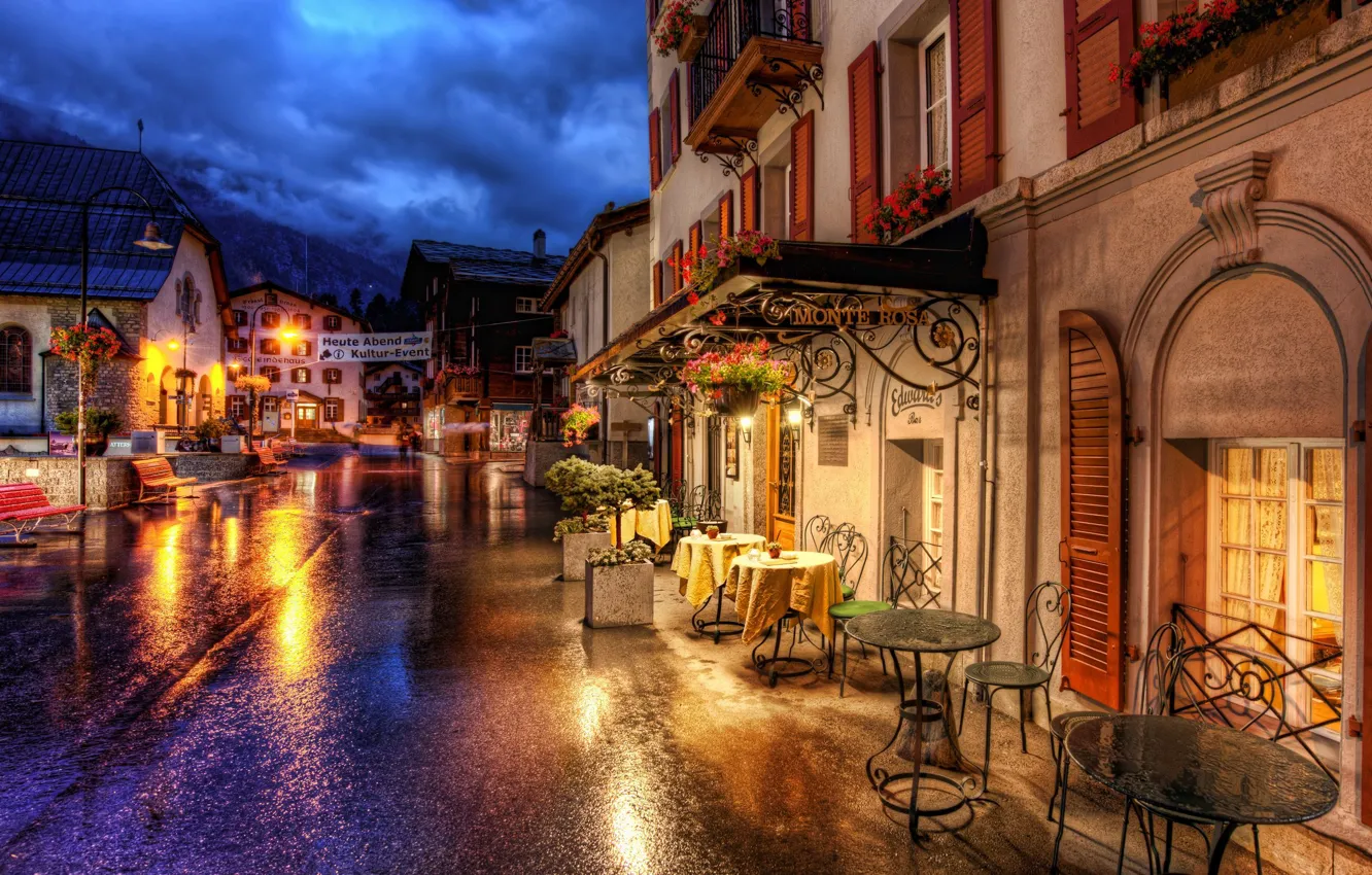 Photo wallpaper road, street, building, home, Switzerland, cafe, table, Switzerland