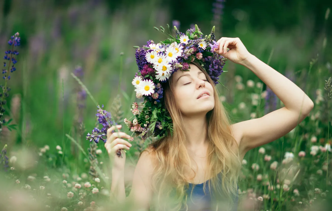 Photo wallpaper girl, flowers, mood, Alina, meadow, wreath