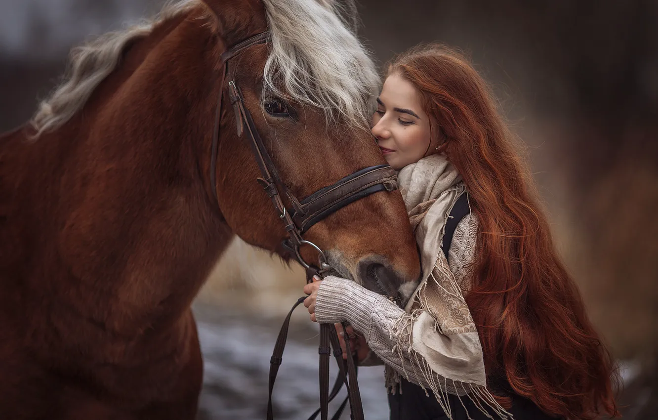 Photo wallpaper girl, mood, horse, horse, red, redhead, long hair, Annie Of Antikov