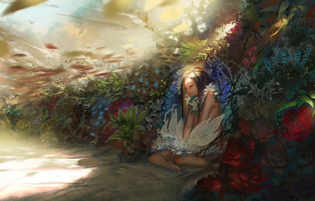 Photo wallpaper leaves, girl, flowers, roses, anime, art, the bushes, karasu-san