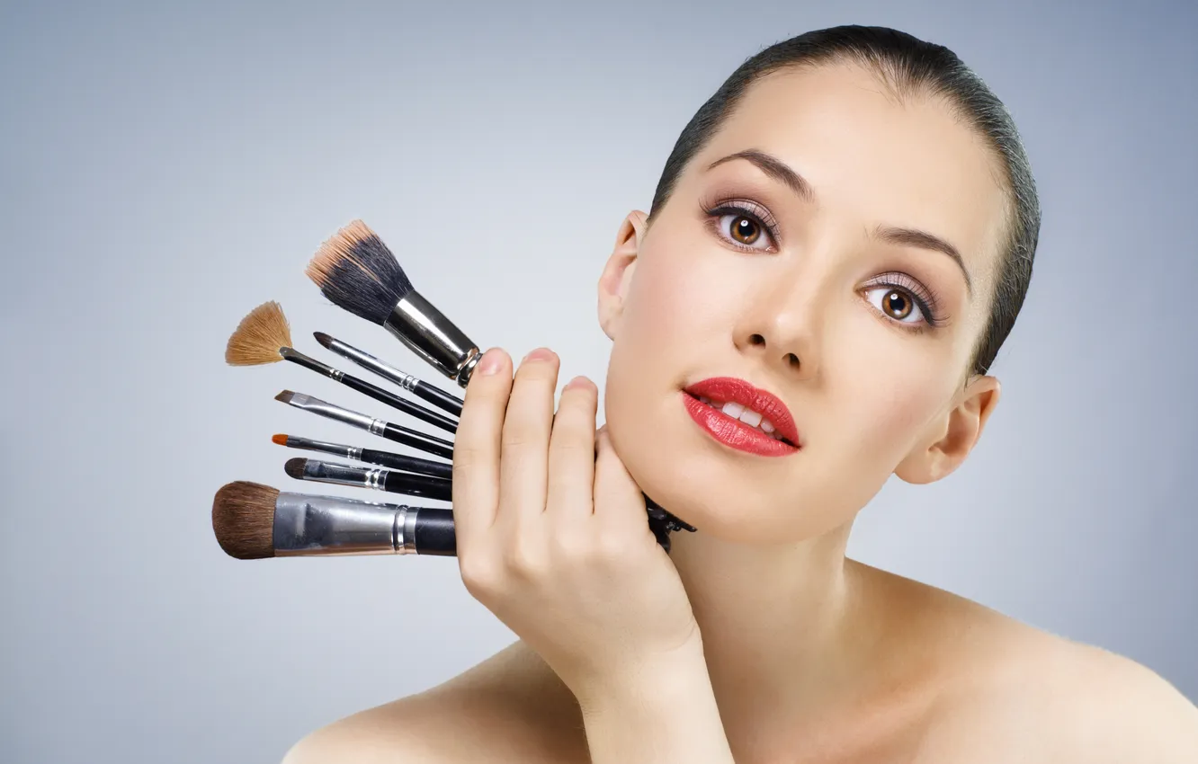 Photo wallpaper look, girl, brush, brown-eyed