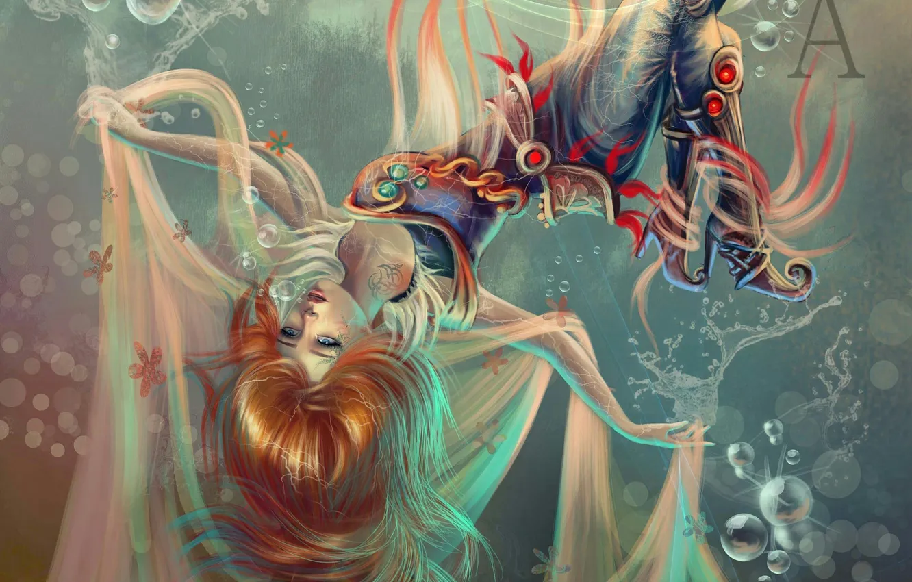 Photo wallpaper water, girl, bubbles, drop, falling down