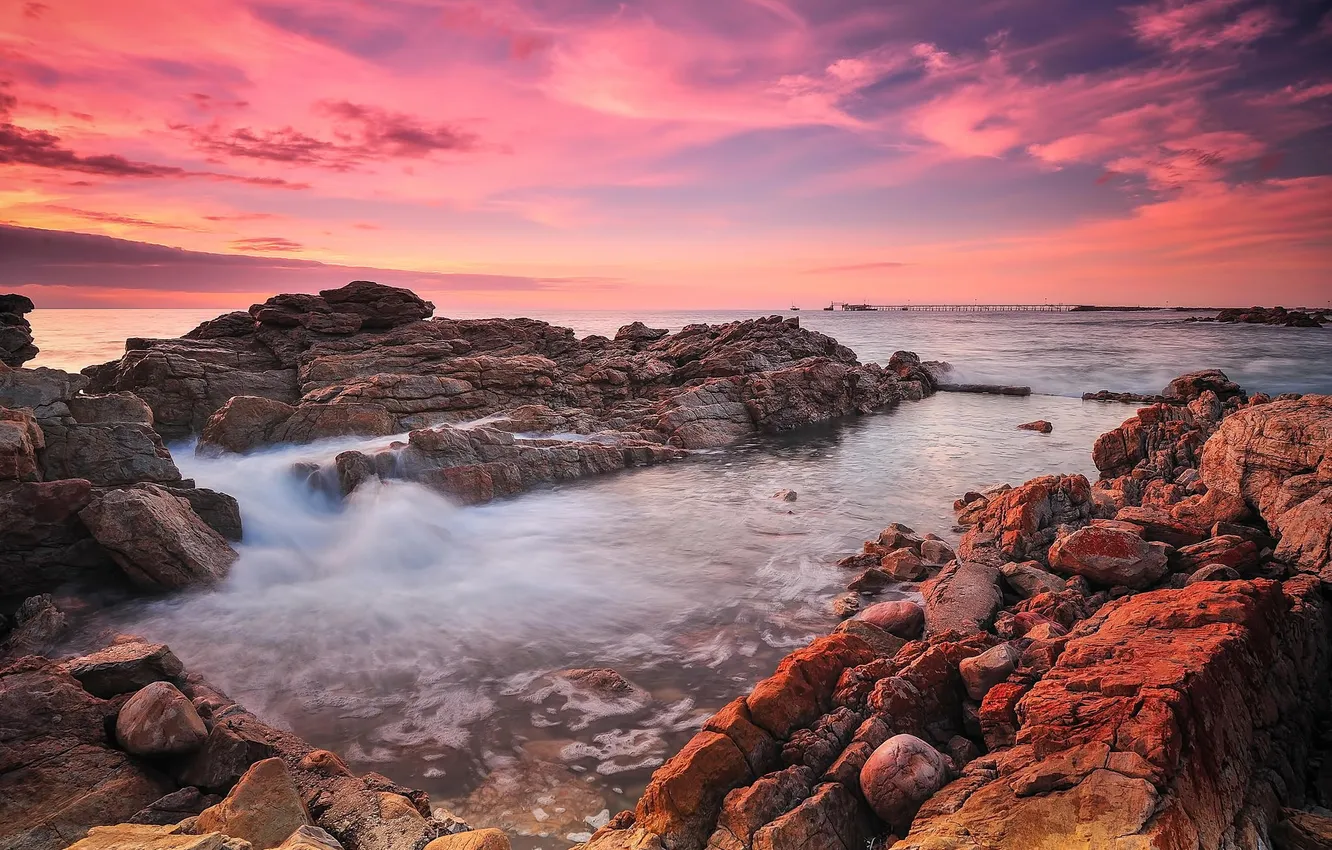 Photo wallpaper sea, wave, nature, rocks, dawn