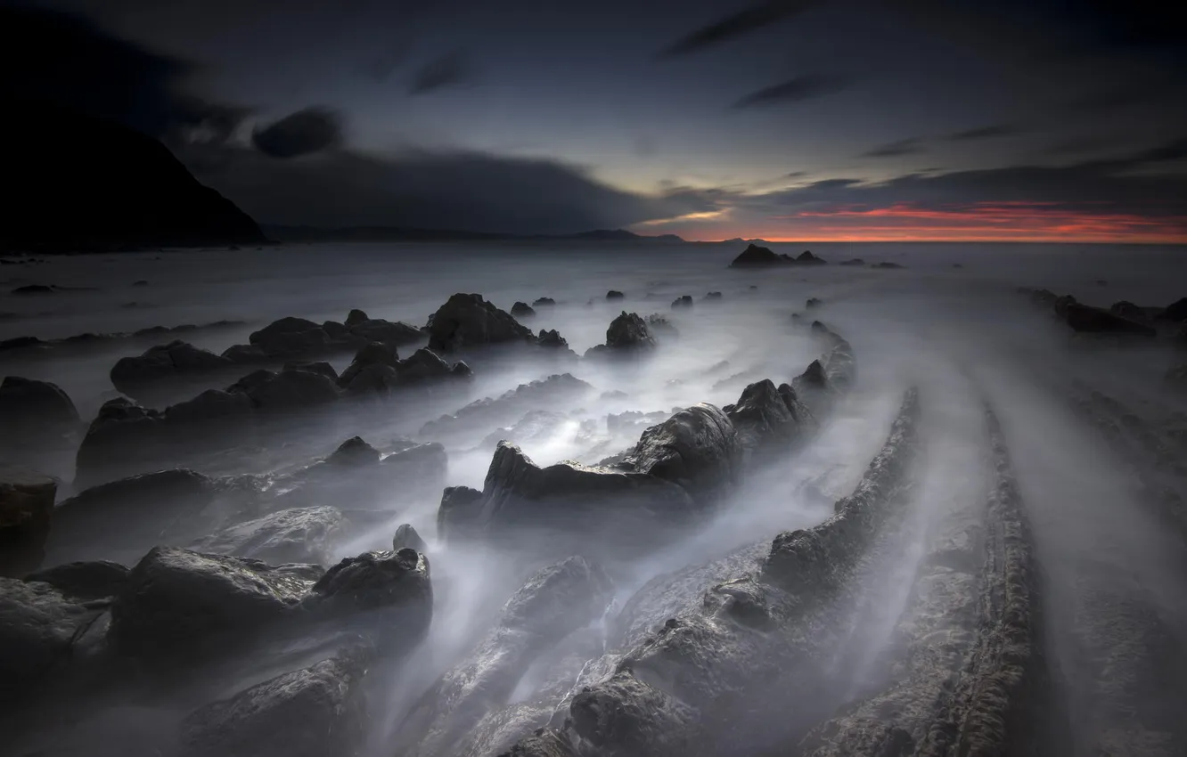 Photo wallpaper landscape, rocks, dawn, shore, Barrika, Basque Country