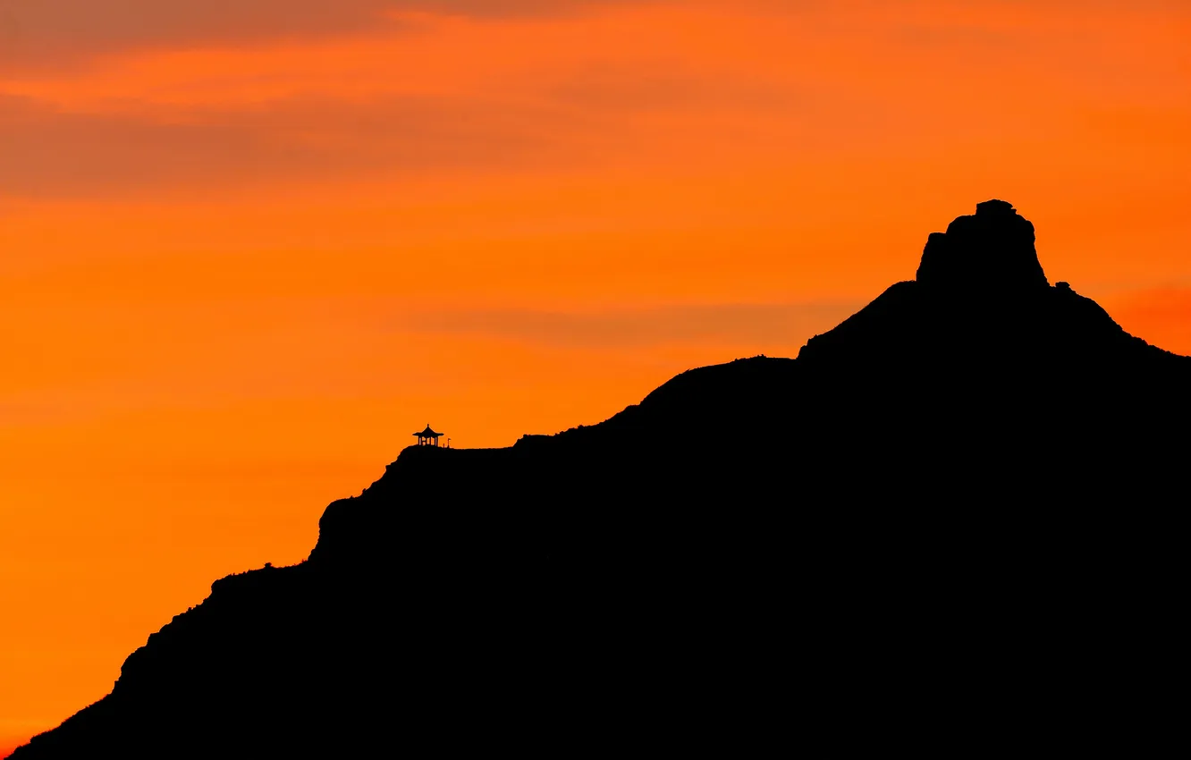 Photo wallpaper sunset, Asia, mountain, silhouette, contrast, temple