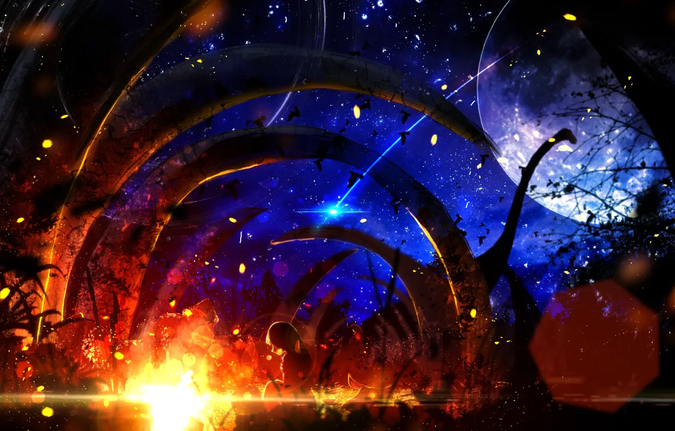 Photo wallpaper the sky, night, fiction, the moon, dinosaur, the fire, skeleton, girl