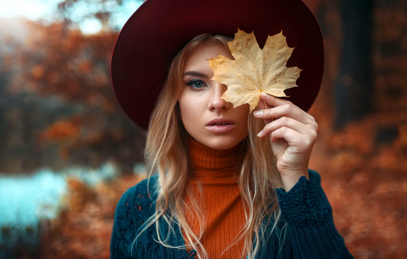 Photo wallpaper autumn, sheet, Girl, hat, Max Kuzin