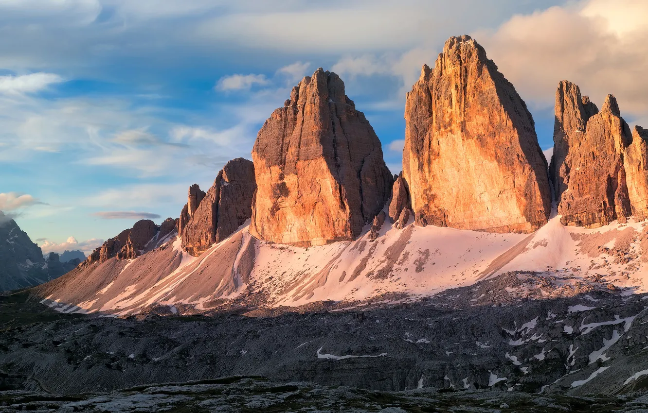 Photo wallpaper clouds, mountains, stones, rocks, tops, relief, blocks, blue sky