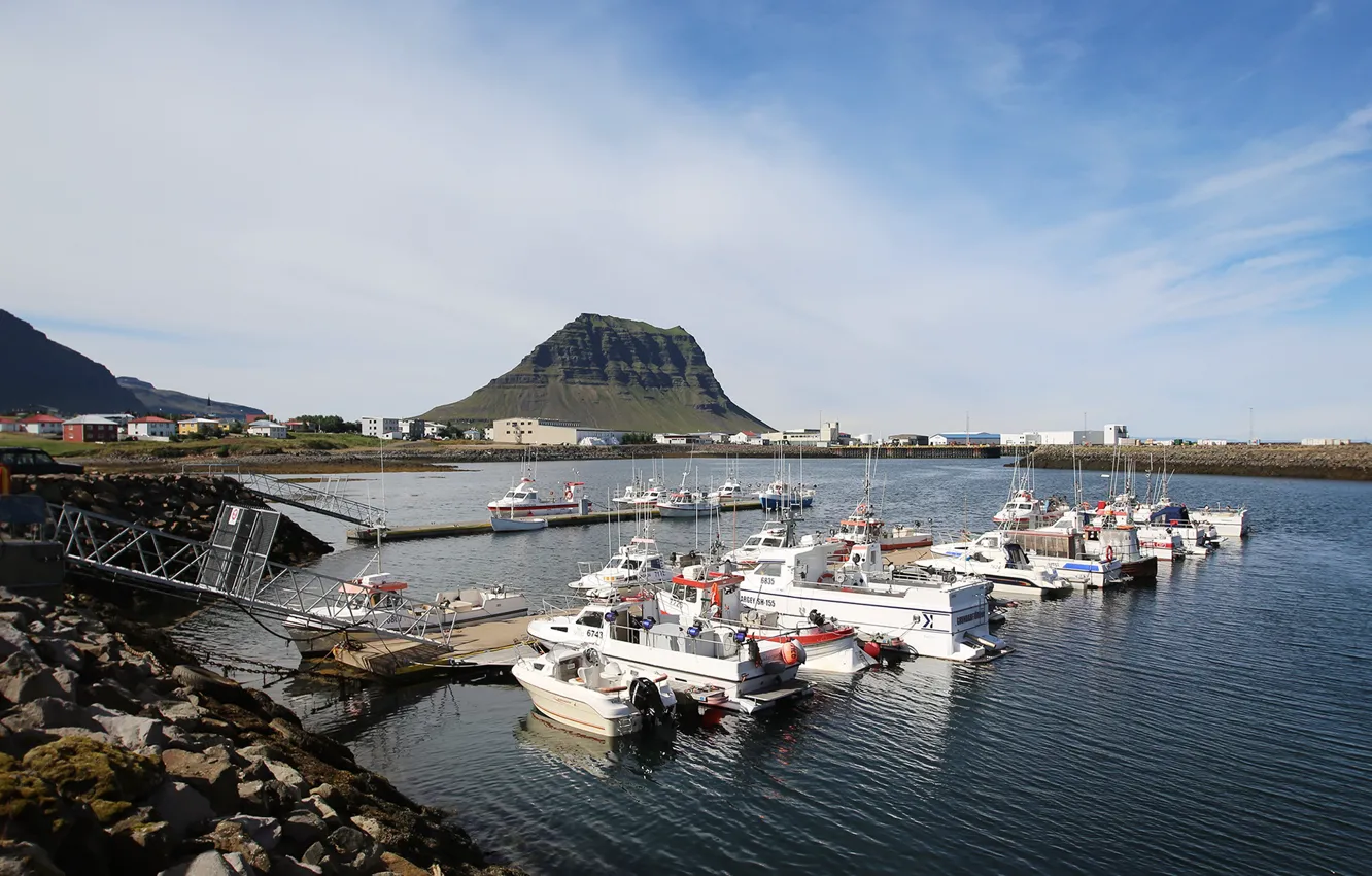 Photo wallpaper mountains, Marina, yacht, pond, Iceland