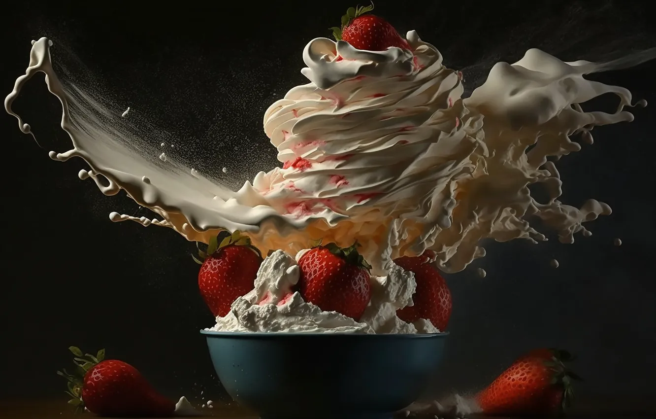 Photo wallpaper squirt, berries, strawberry, hurricane, tornado, cream, whipped cream, AI art