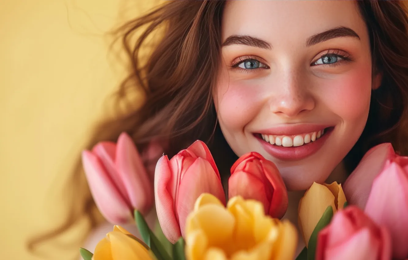 Photo wallpaper look, girl, flowers, face, holiday, portrait, bouquet, spring