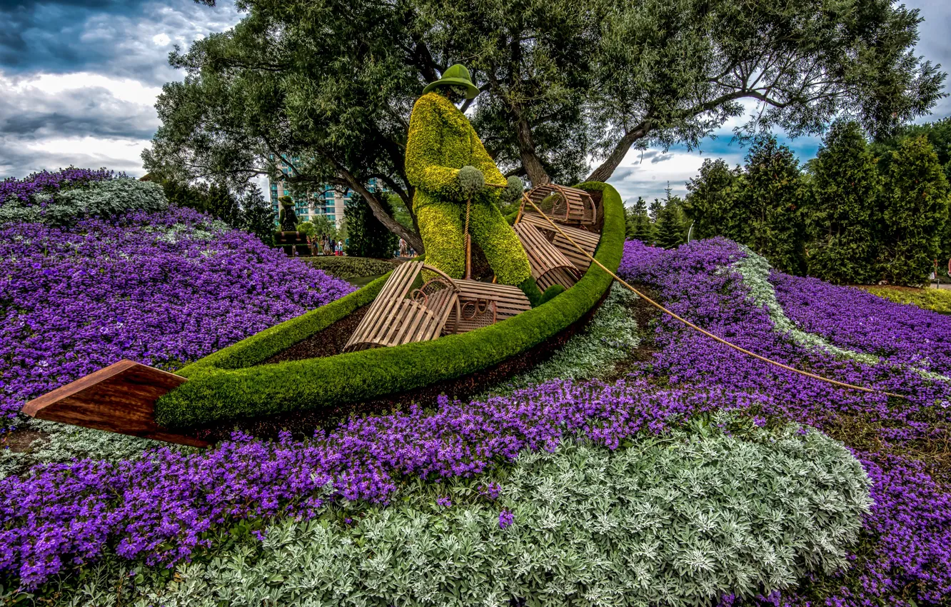 Photo wallpaper trees, flowers, design, Park, boat, fisherman, Canada, composition