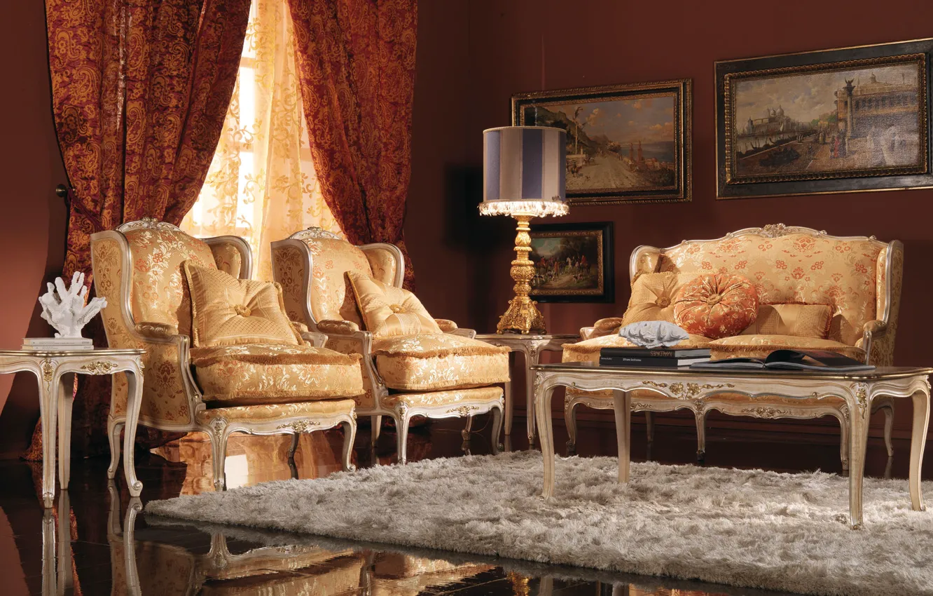 Photo wallpaper carpet, picture, chair, curtains, classic
