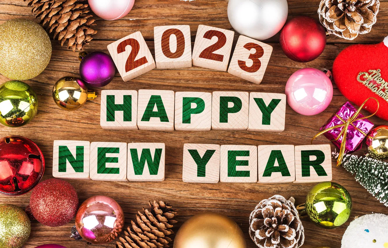 Photo wallpaper balls, the inscription, cubes, Board, Shine, new year, figures, wooden