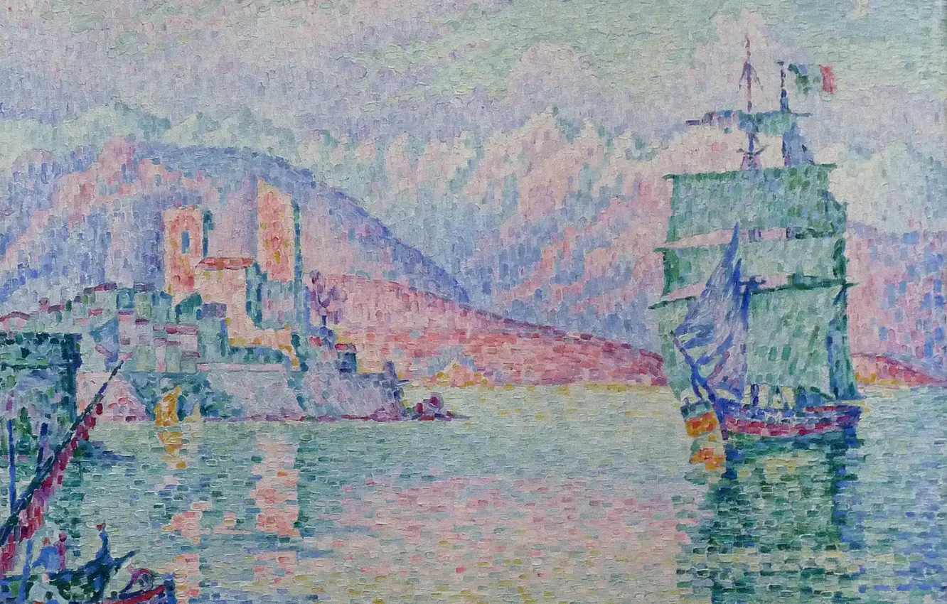 Photo wallpaper ship, picture, sail, seascape, Paul Signac, pointillism, Antibes. The evening