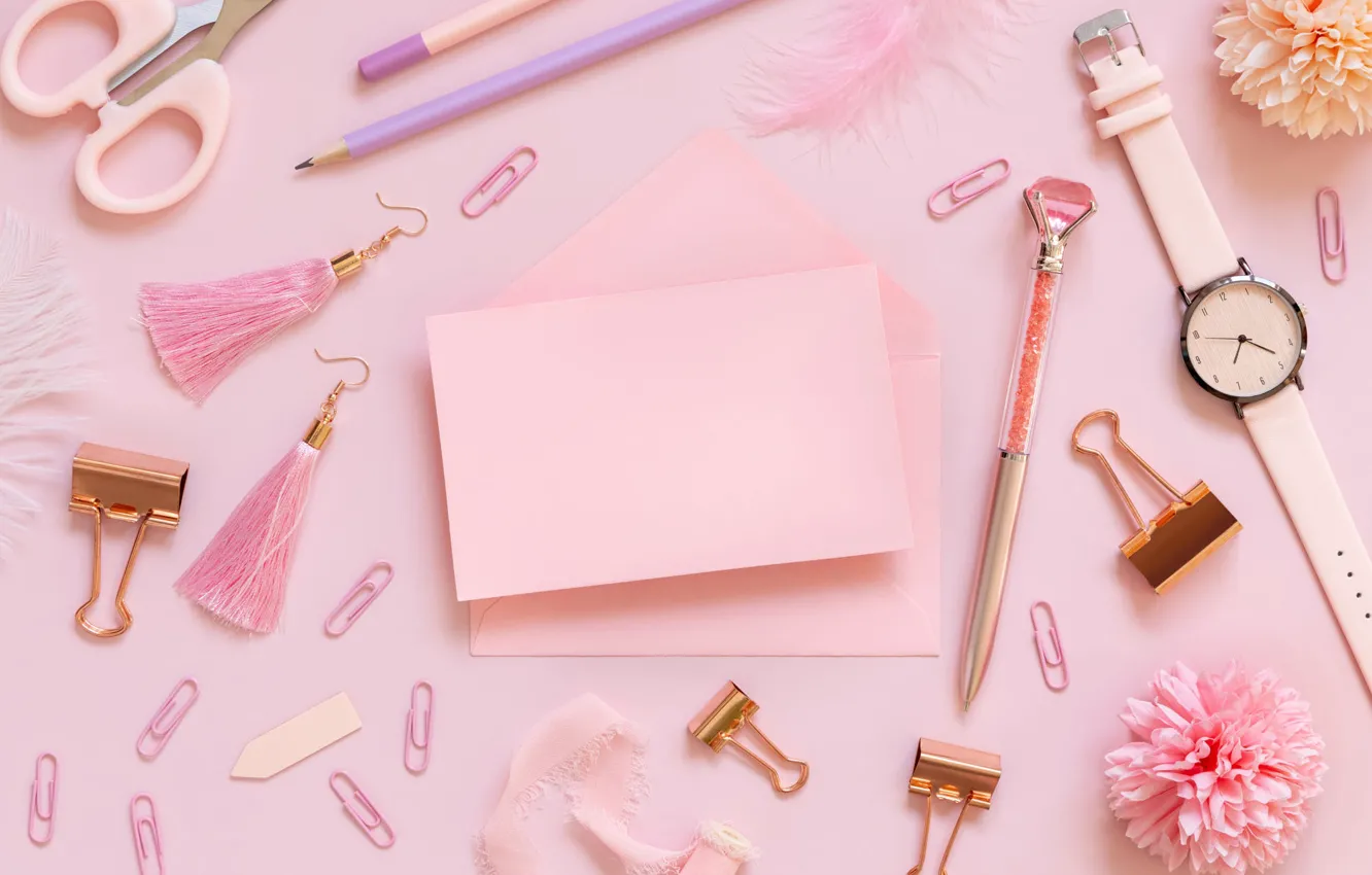 Photo wallpaper letter, paper, watch, color, earrings, pencils, handle, pink