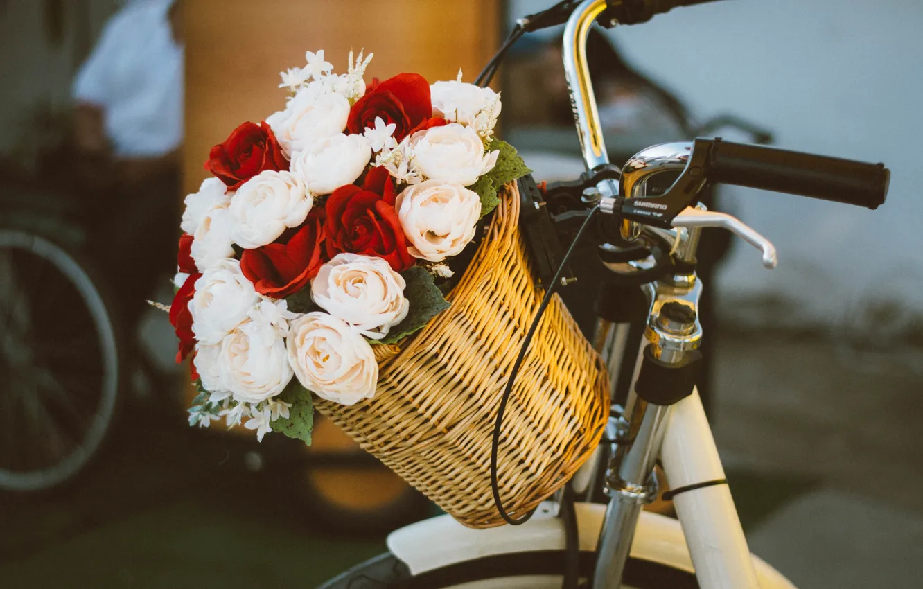 Photo wallpaper bike, mood, basket, roses, bouquet