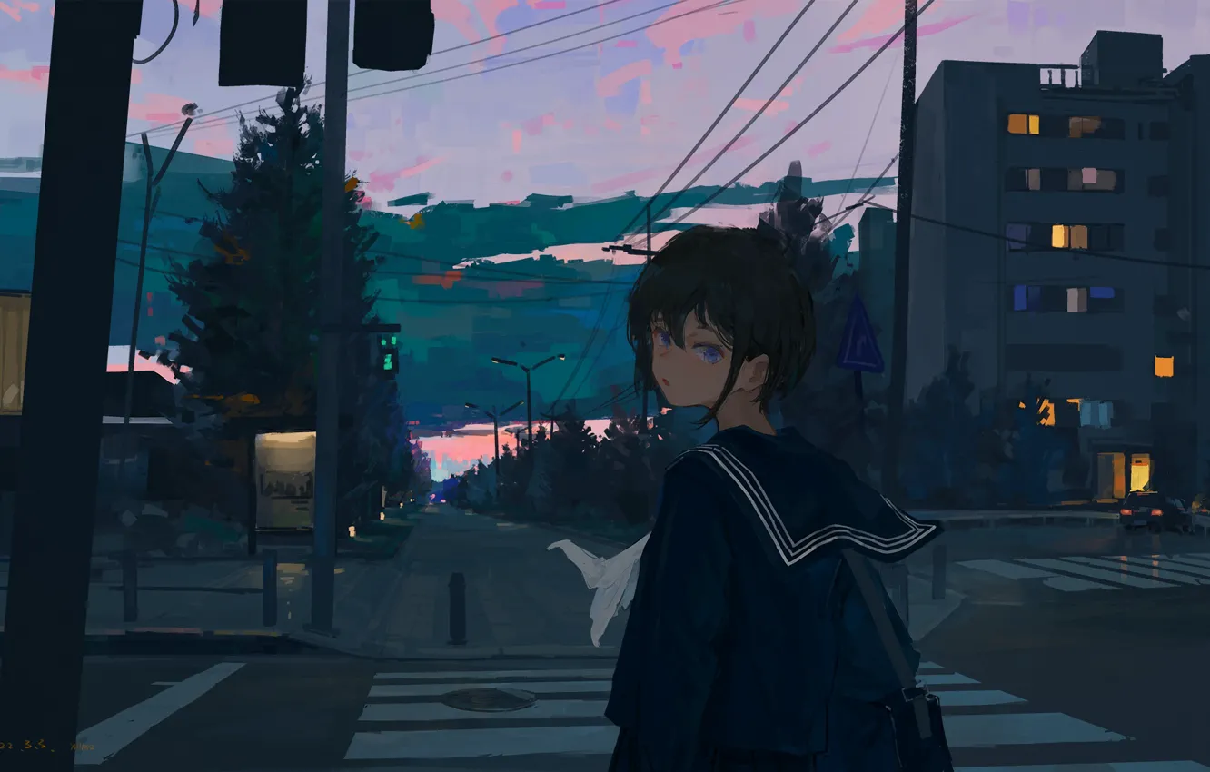 Photo wallpaper road, the city, the evening, Zebra, schoolgirl