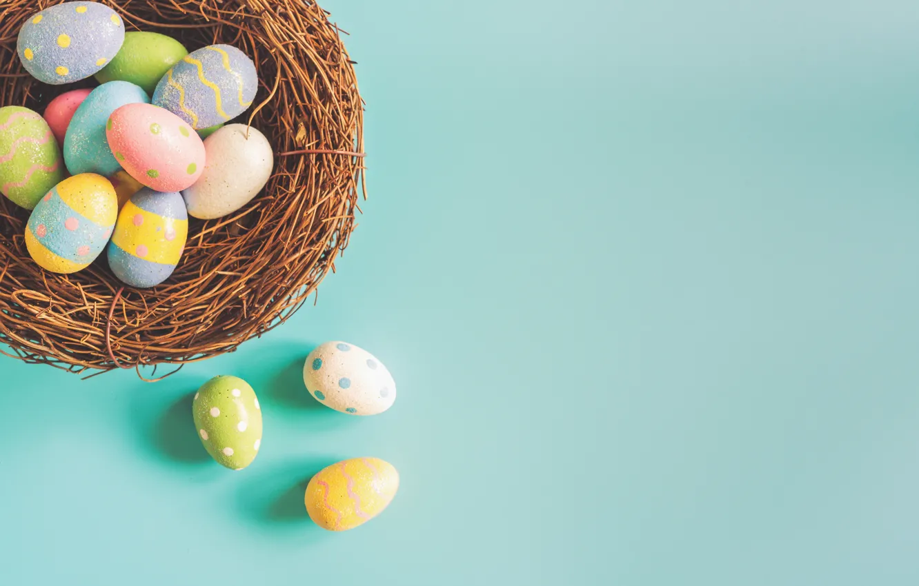 Photo wallpaper basket, eggs, spring, colorful, Easter, wood, spring, Easter