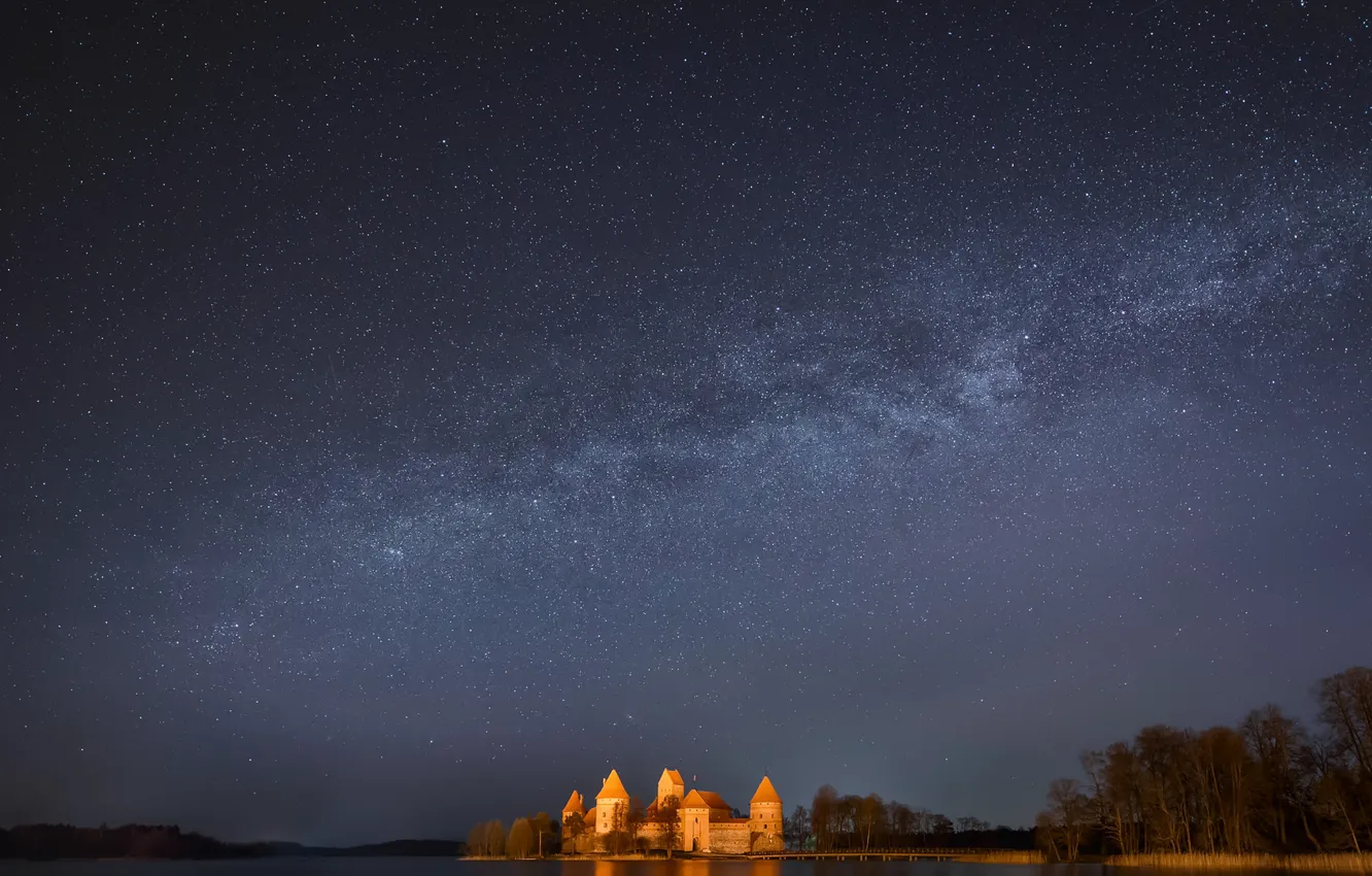 Photo wallpaper the sky, stars, trees, bridge, castle