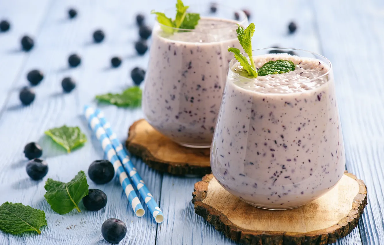 Photo wallpaper glass, Breakfast, blueberries, mint, tube, smoothies with yogurt