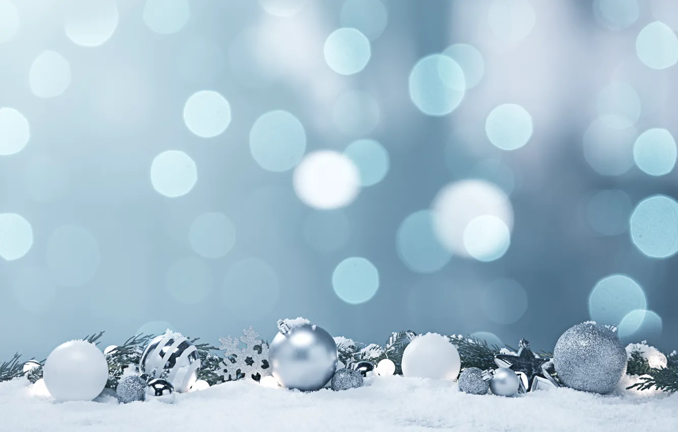 Photo wallpaper winter, balls, snow, snowflakes, glare, background, holiday, blue