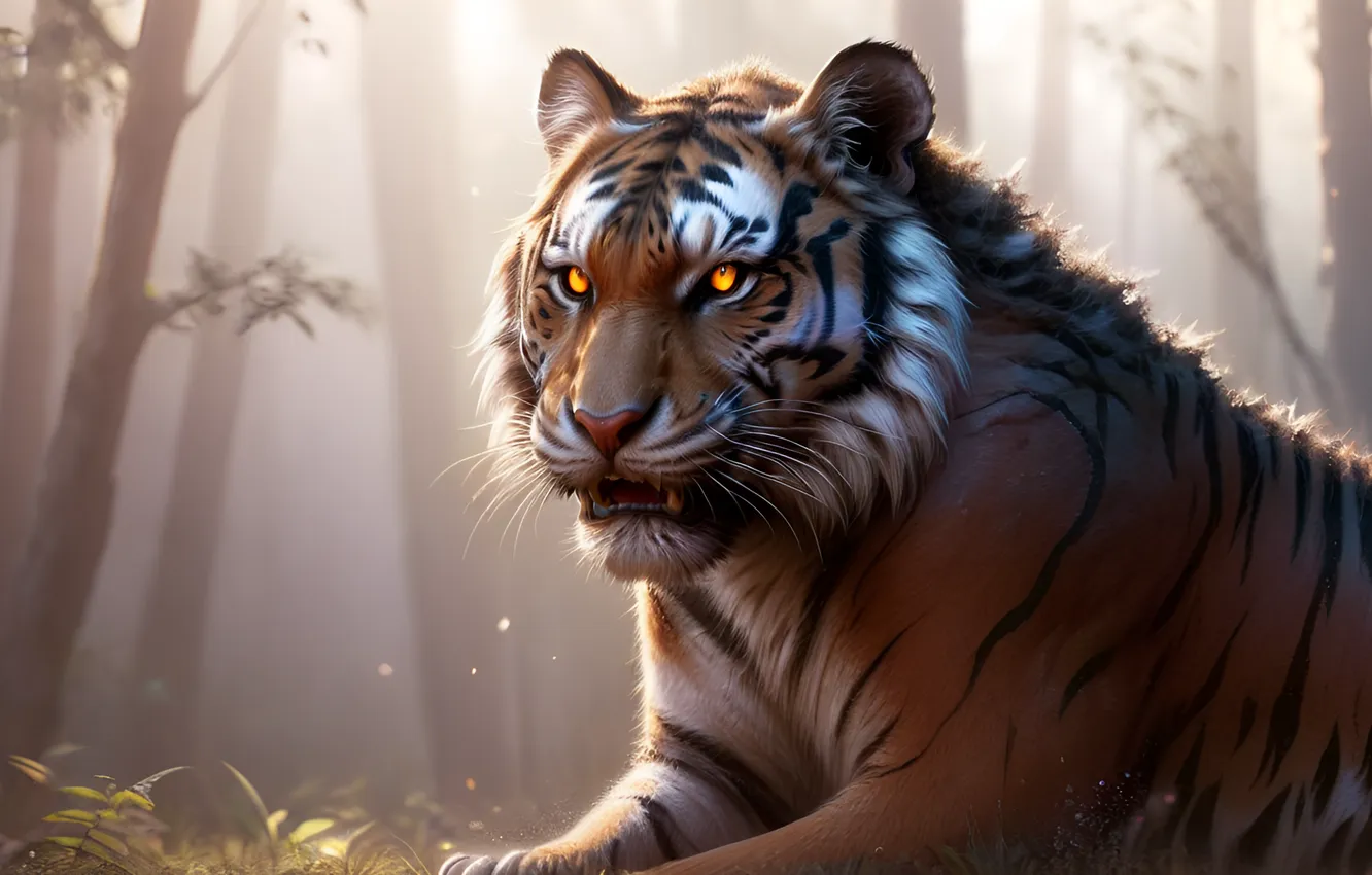 Photo wallpaper forest, tiger, AI Art