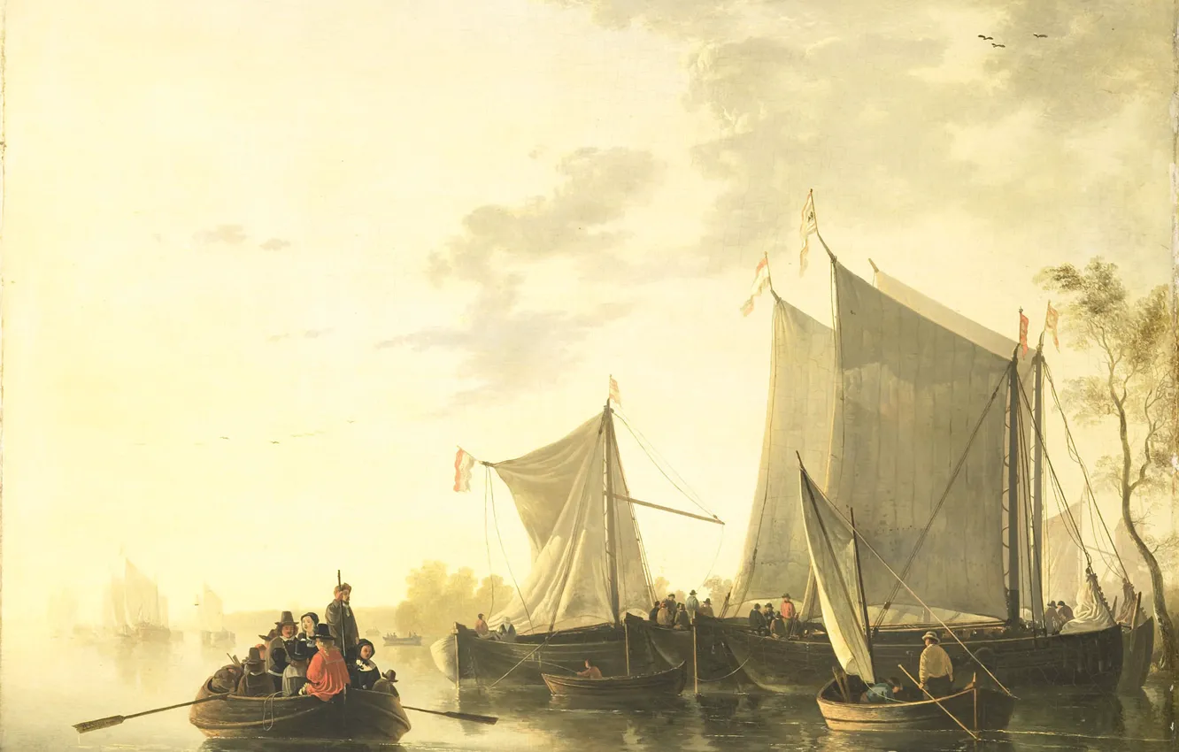 Photo wallpaper landscape, boat, oil, picture, sail, View of the river, Albertus Brondgeest, 1849