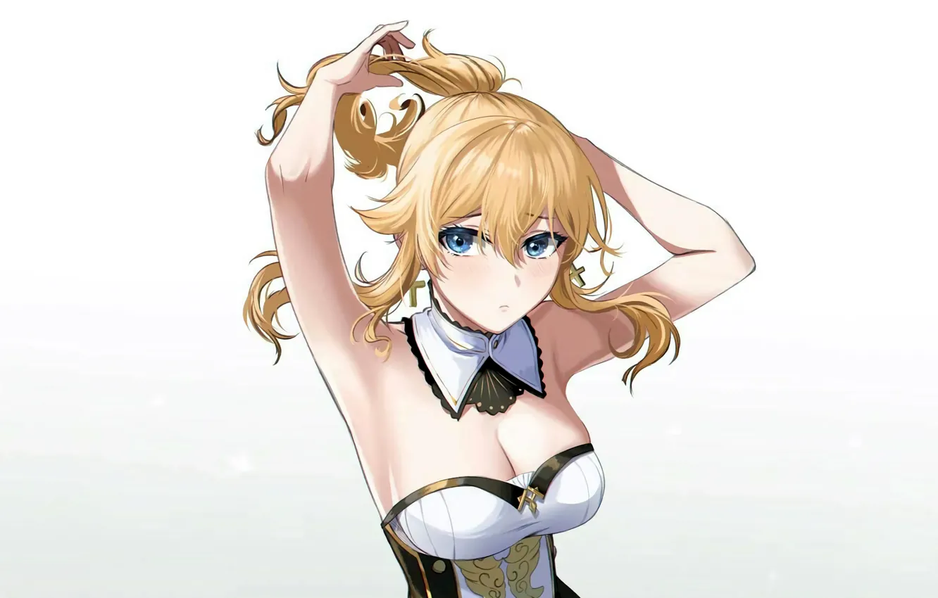 Photo wallpaper girl, sexy, cleavage, blouse, long hair, boobs, anime, blue eyes