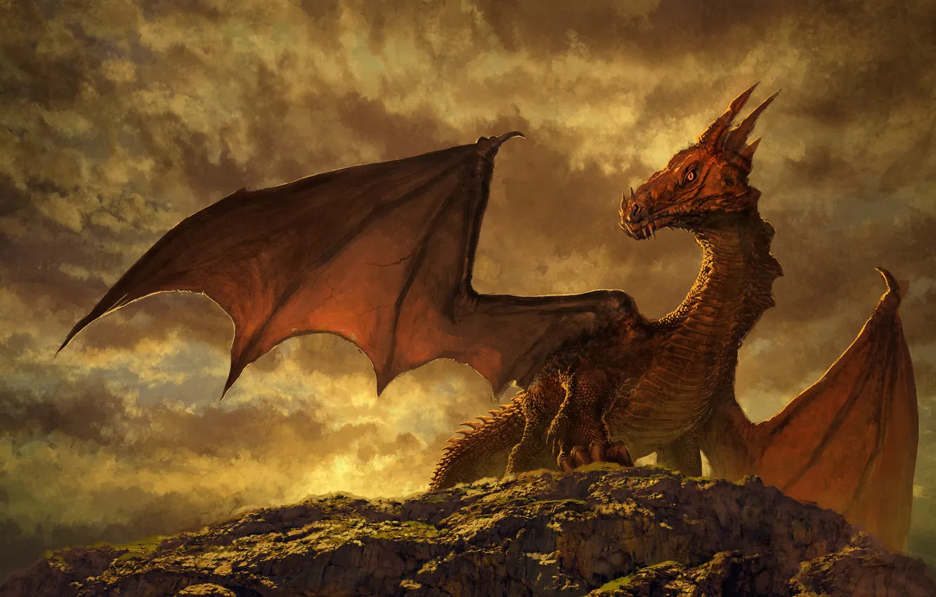 Photo wallpaper the sun, clouds, rocks, dragon, figure, fantasy, art